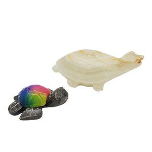 Lot 2x Stone Carved‎ Onyx Marble Stone Turtle 3 1/4" Long & Colorful Figurine